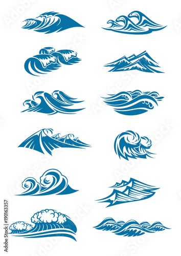 Vector waves icons of ocen water wave blue splash