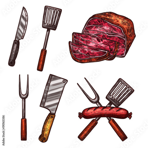 Grill meat sausages cutlery sketch vector icons