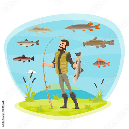 Vector fisherman man fishing and fish catch