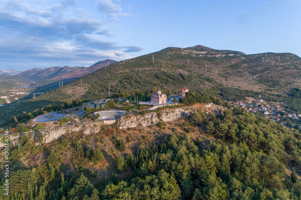  Aerial view of the monastery Hercegovacka Gracanica in Trebinje. Bosnia and Hercegovina. 