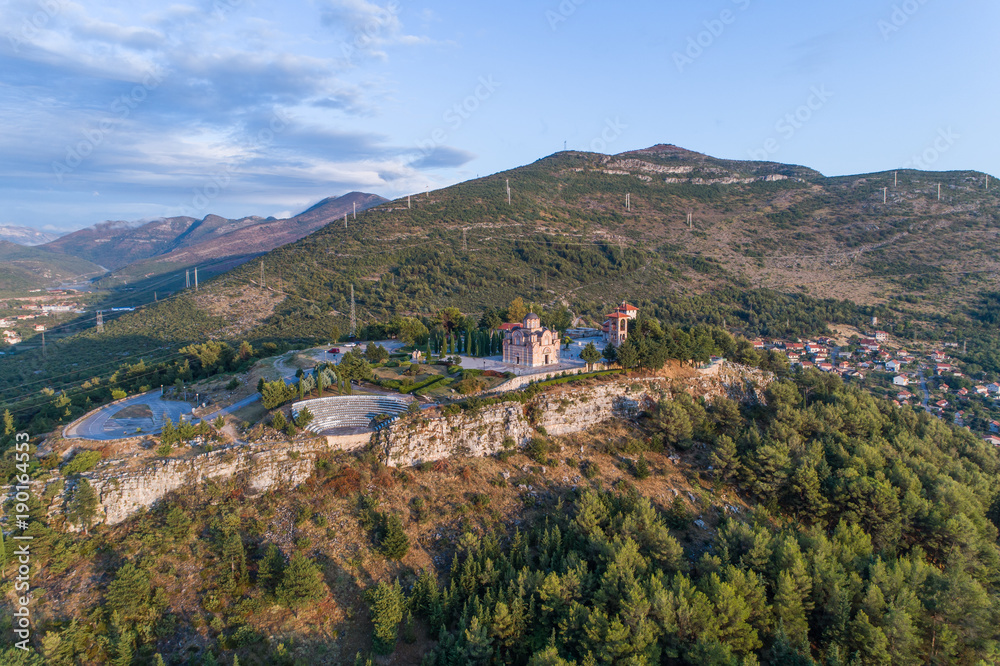 Fototapeta premium Aerial view of the monastery Hercegovacka Gracanica in Trebinje. Bosnia and Hercegovina. 