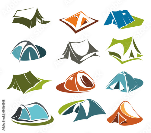 Vector tent icons camping site mountain adventure