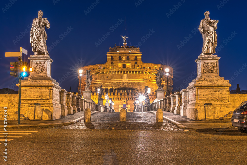 Castel Sant'angelo and bridge at sunset, Rome, Italy.