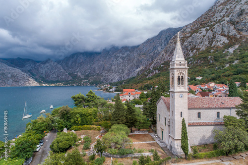 Aerial view of the village of Dobrota and St.Eustace's Church. Montenegro.