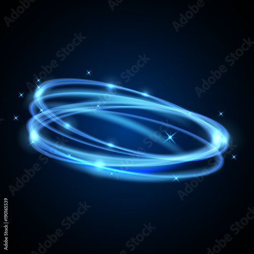 Round blue light twisted glitter circle sparkle effect. Glowing magic ring trace on a black background 