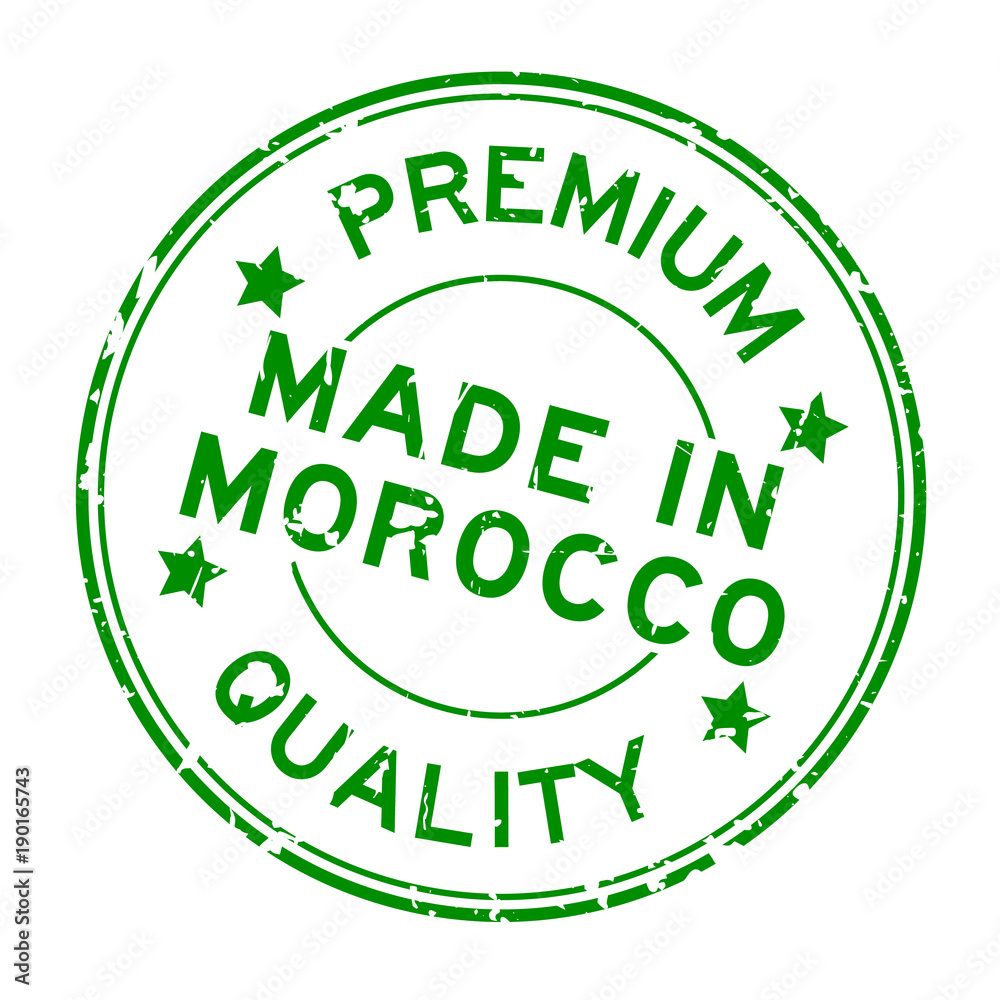 Grunge green premium quality made in Morocco round rubber seal stamp on white background Grunge green premium quality made in Morocco round rubber seal stamp on white background