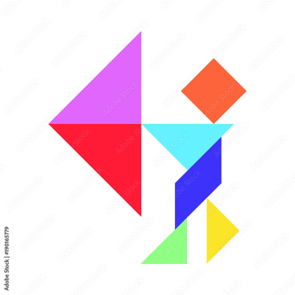 Color tangram in man hold the umbrella shape on white background (Vector) Color tangram in man hold the umbrella shape on white background (Vector)