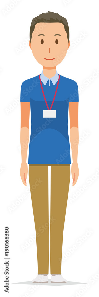 A male staff wearing a nameplate is standing A male staff wearing a nameplate is standing