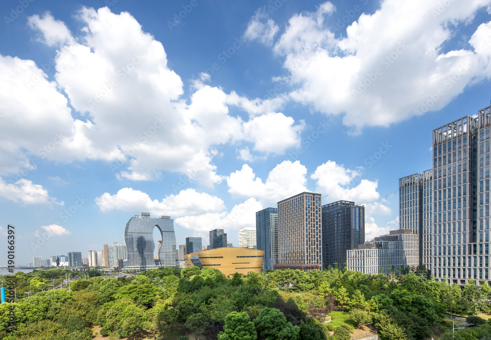 aerial view of modern city near river