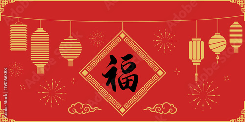 fu calligraphy，happy Chinese new year	，lantern background	