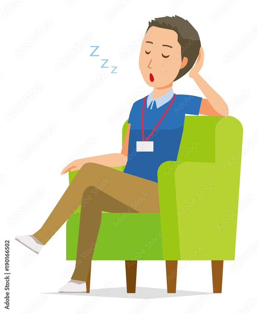 A male staff wearing nameplate sleeps on the sofa