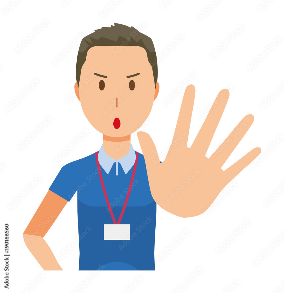 A male staff wearing name plate is stop gesture - upper body A male staff wearing name plate is stop gesture - upper body
