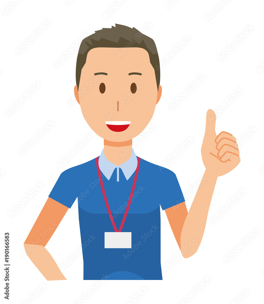 A male staff wearing a nameplate showing thumbs up - upper body A male staff wearing a nameplate showing thumbs up - upper body