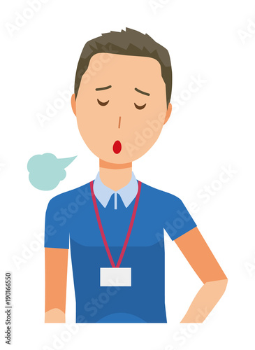 A male staff wearing a nameplate is sighing - upper body