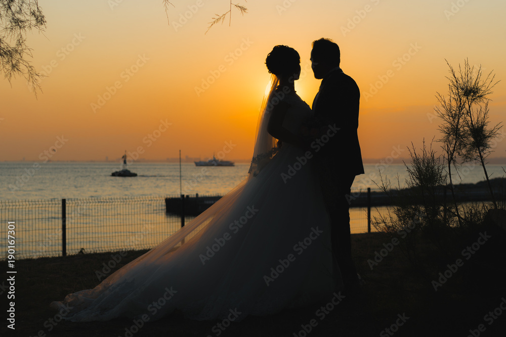 Wedding Couple watching sunshine