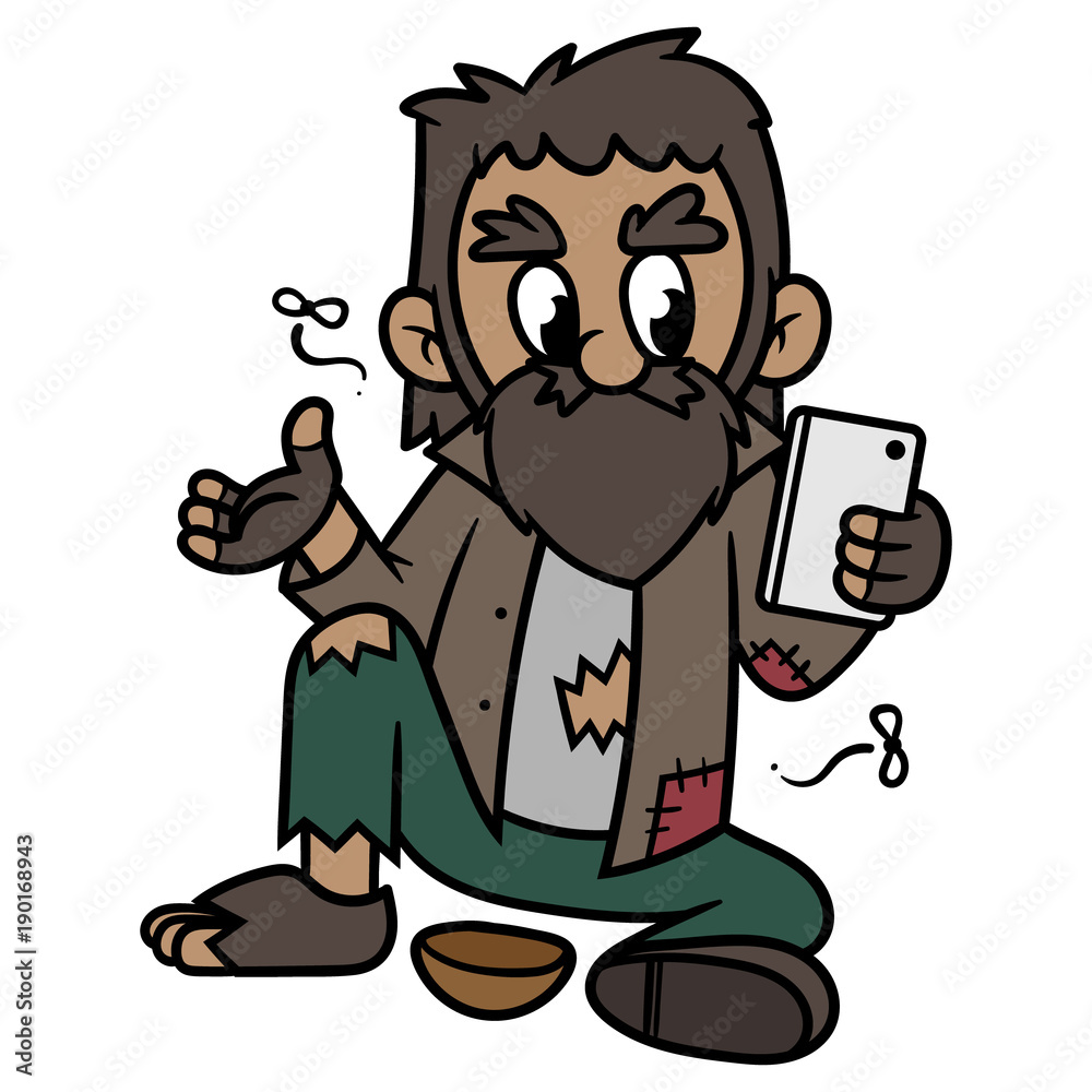 Cartoon Homeless Man With Smartphone Stock Vector | Adobe Stock