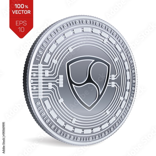 Nem. Crypto currency. 3D isometric Physical coin. Digital currency. Silver coin with Nem symbol isolated on white background. Vector illustration.