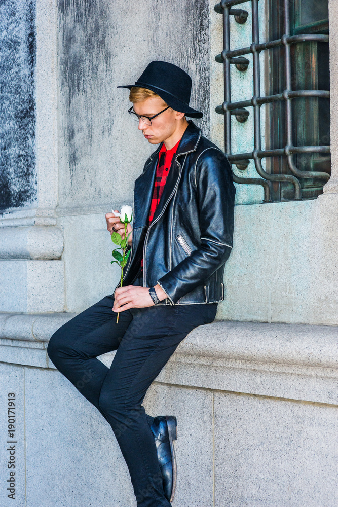 black leather jacket, glasses, hat 