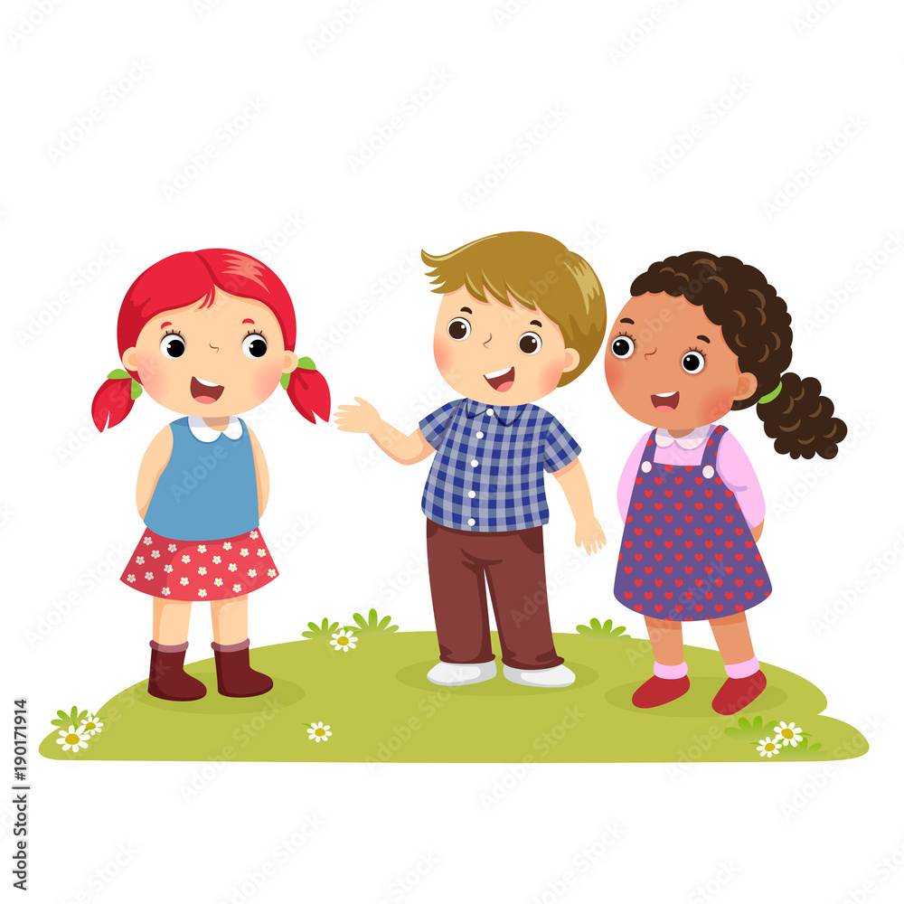 Illustration of a boy Introducing his friend to the girl Illustration of a boy Introducing his friend to the girl
