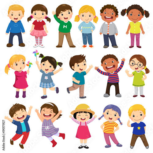 Happy kids cartoon collection. Multicultural children in different positions isolated on white background