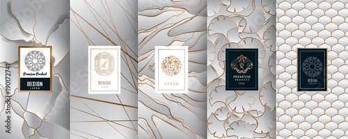 Collection of design elements,labels,icon,frames, for packaging,design of luxury products.Made with golden foil.Isolated on silver and marble background. vector illustration