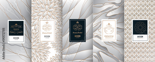Collection of design elements,labels,icon,frames, for packaging,design of luxury products.Made with golden foil.Isolated on silver and marble background. vector illustration