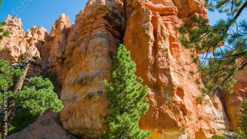 Green pine-trees on rock slopes. Spectacular view at the cliffs and cloud sky. Amazing mountain landscape. Bryce Canyon National Park. Utah. USA. 4K, 3840*2160, high bit rate, UHD