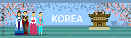 South Korea Travel Destination Banner, Korean People In Traditional Costumes Over Seoul Temple Landmark Flat Vector Illustration