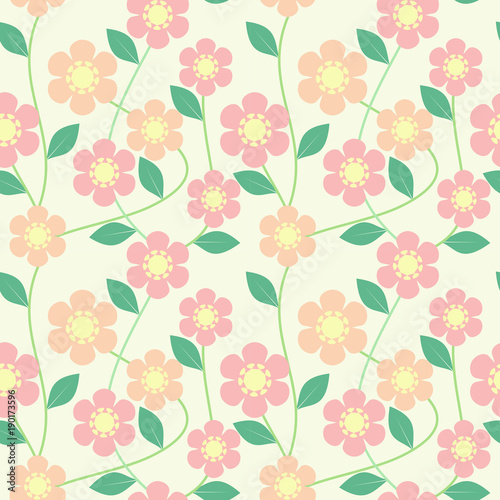 Seamless pattern vector of beautiful flower. Lovely and sweet flower and green leaves on pastel tone background.