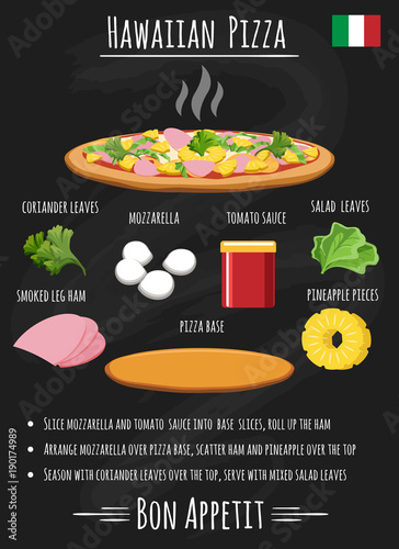 Hawaiian pizza recipe. Pizza with pineapple on chalkboard poster vector illustration