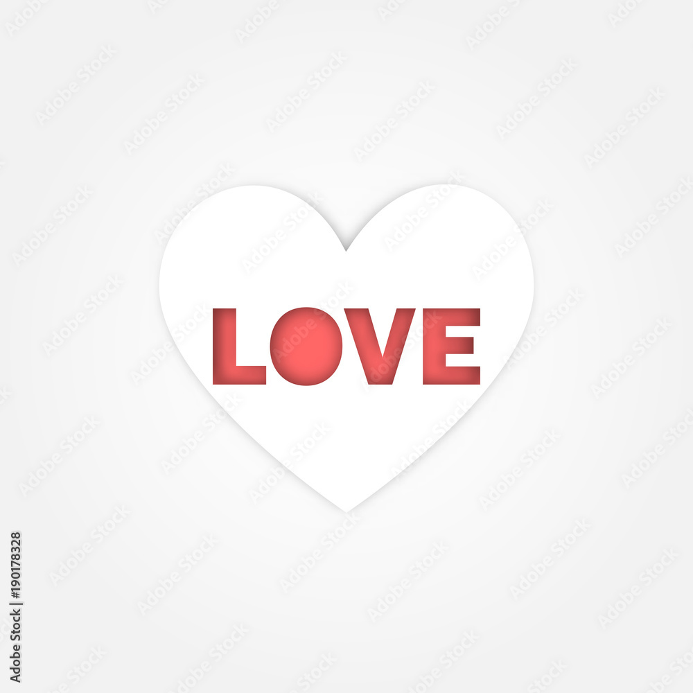 Simple white heart with Red love word on white background for valentine concept idea Simple white heart with Red love word on white background for valentine concept idea