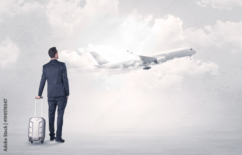 Obraz premium Businessman with luggage walking to airplane