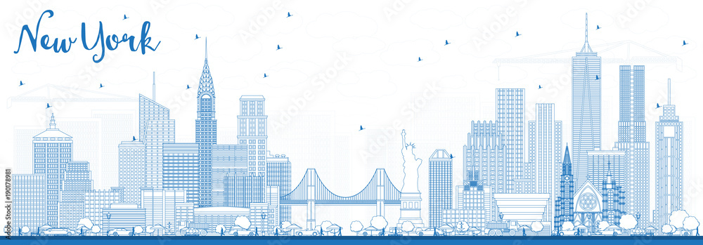 Outline New York USA City Skyline with Blue Buildings.