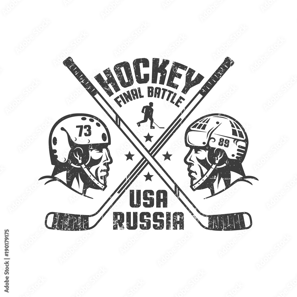 Fototapeta premium Vintage sports logo - two profiles of hockey players in helmets from different teams, crossed stics and inscriptions. Worn texture on separate layer can be disabled.
