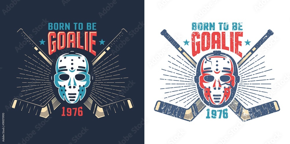 Fototapeta premium Hockey retro mask with crossed sticks and sunburst - vintage sports mascot. Worn texture on separate layer can be disabled.