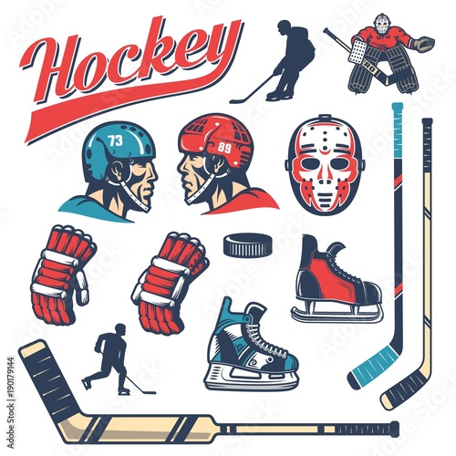 Set of hockey equipment in retro style: player head in helmet, gloves, sticks, vintage goalie mask, goalkeeper, puck, skates, silhouettes.