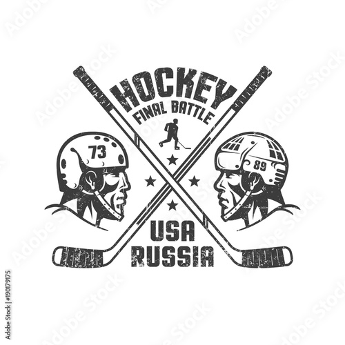 Vintage sports logo - two profiles of hockey players in helmets from different teams, crossed stics and inscriptions. Worn texture on separate layer can be disabled.
