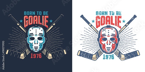 Hockey retro mask with crossed sticks and sunburst  -  vintage sports mascot. Worn texture on separate layer can be disabled.
