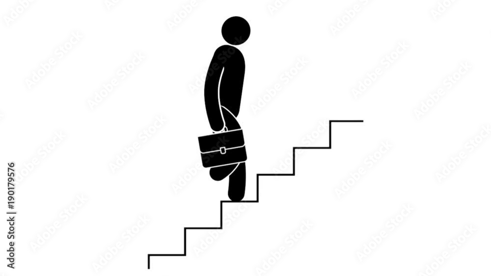 Pictogram businessman with briefcase is walking upstairs  - metaphor for career advancement. Looped animation with alpha channel.