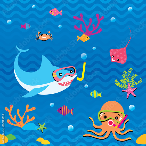 Fototapeta Naklejka Na Ścianę i Meble -  Illustration vector of cute shark octopus stingray crab and fish on undersea background design for seamless pattern.