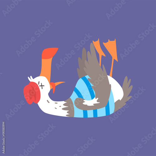 Dead seagull lying on its back, comic bird character cartoon vector illustration