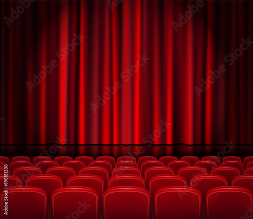 Closed Red Curtains with Seats in a theater or ceremony. Realistic Theater hall, Opera or Cinema Scene for your design. Movie premiere poster. Vector Illustration.
