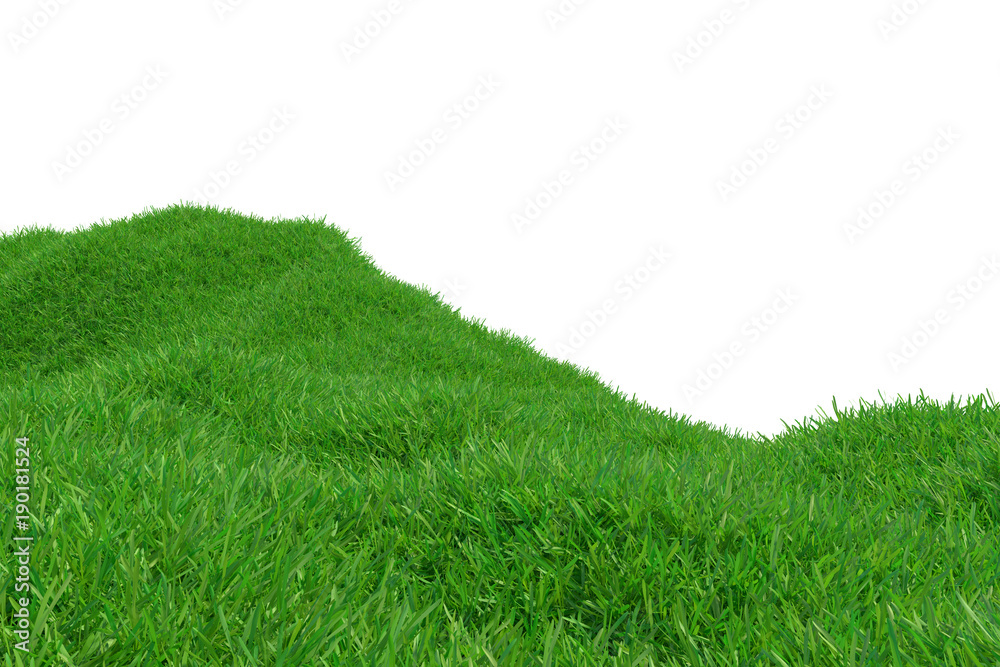 Obraz premium Green grass hill isolated on white background. Natural background. Outdoor abstract background. 3d rendering