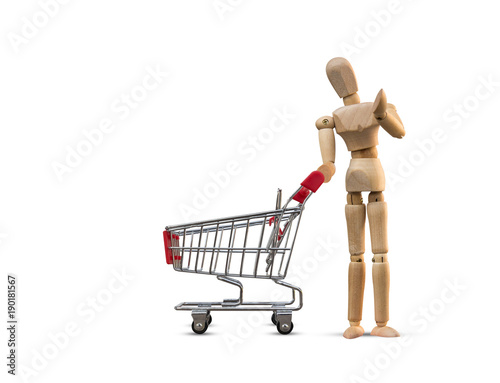Wooden dummy doll, Wood figure and Shopping Cart Isolated on white background . Shopping concept. © sarapon