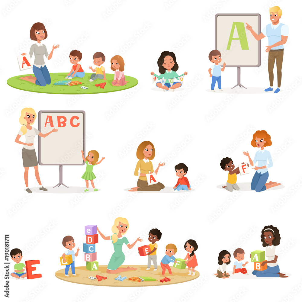 Set of children doing speech therapy with teachers. Child development center. Kids alphabet letters through play. Educational game. Isolated flat vector design Set of children doing speech therapy with teachers. Child development center. Kids alphabet letters through play. Educational game. Isolated flat vector design