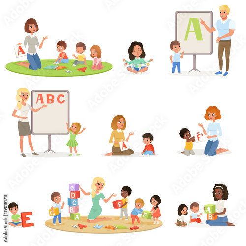 Set of children doing speech therapy with teachers. Child development center. Kids alphabet letters through play. Educational game. Isolated flat vector design