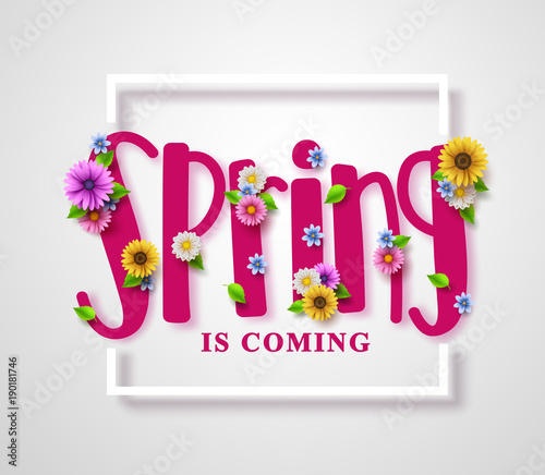 Spring is coming vector banner with text, colorful various flowers, boarder frame and elements in white background for spring seasonal greeting design. Vector illustration.
