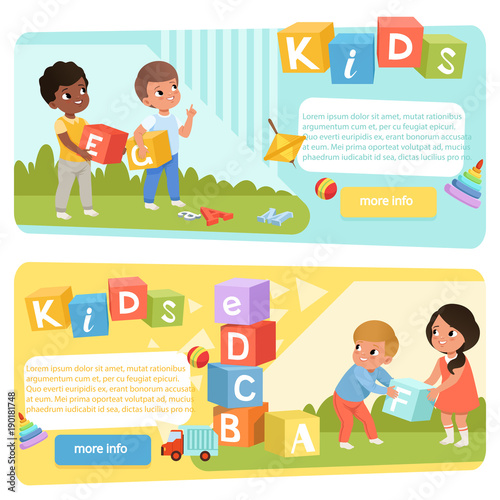 Two banners with preschool kids with colored ABC cubes. Speech therapy. Playful learning. Flat vector design for child development center or kindergarten web site