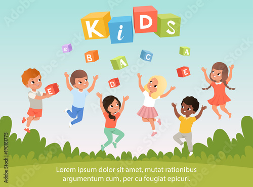 Group of kids with happy faces. ABC cubes. Cartoon children. Blue sky and nature. Flat vector poster for speech therapy, child development center or kindergarten.