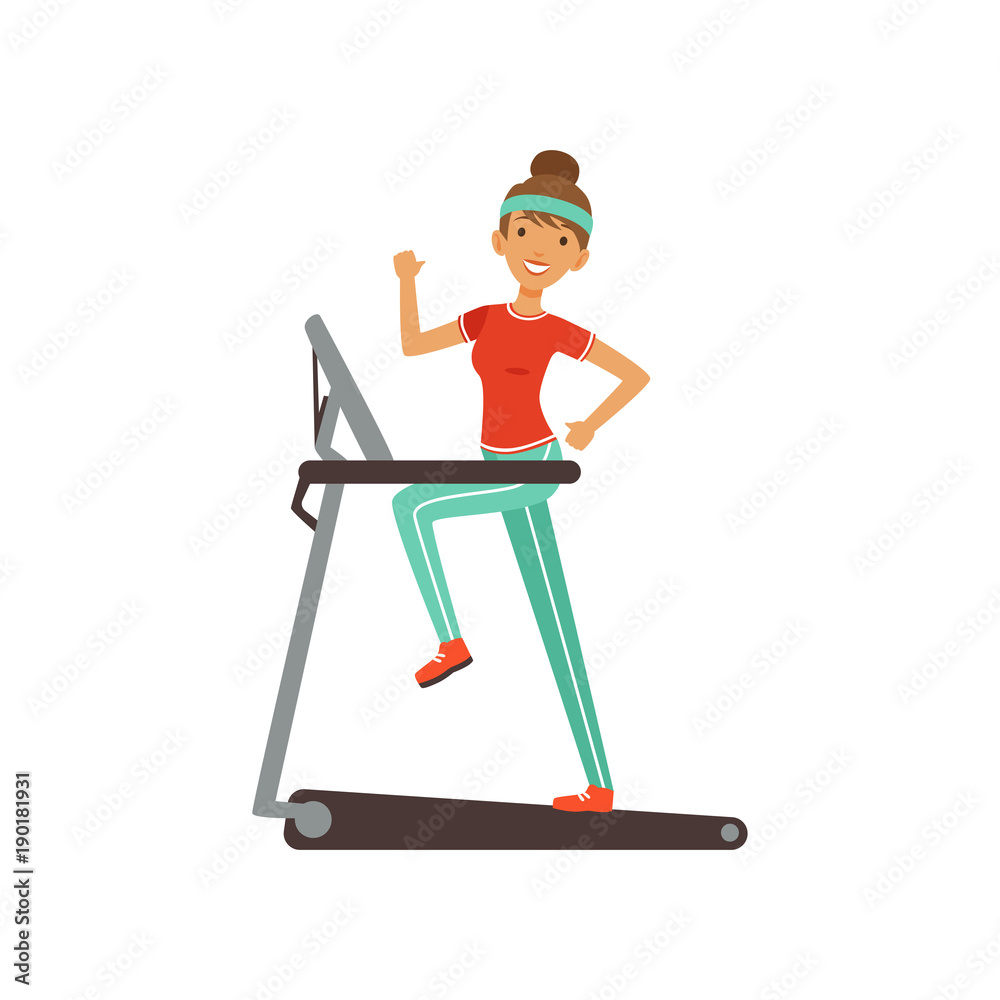 Young woman character running on thread mill, girl working out in the fitness club or gym colorful vector Illustration